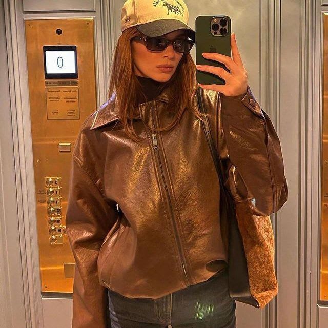 Women's Vintage Brown Leather Motorcycle Jacket view 16