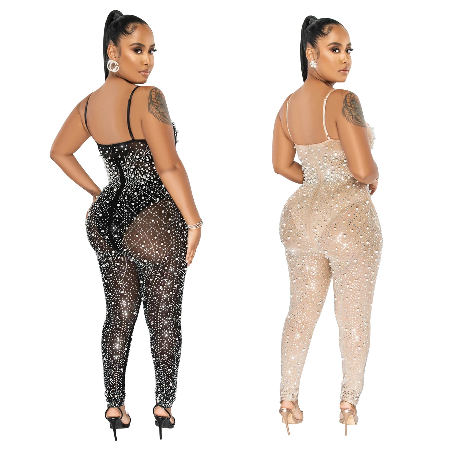 Women's Pure Color Mesh Rhinestone Sleeveless Trousers Jumpsuit view 2