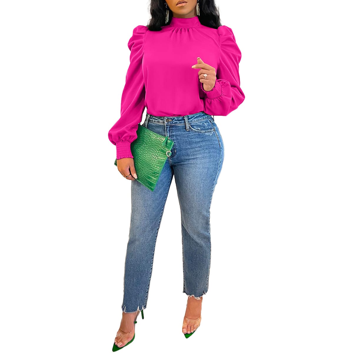 Stand Collar Puff Sleeve Back Lace-up Top view 2