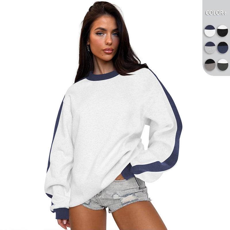 Women's Contrast Color Round Neck Loose Sweater Long-sleeved Top view 6