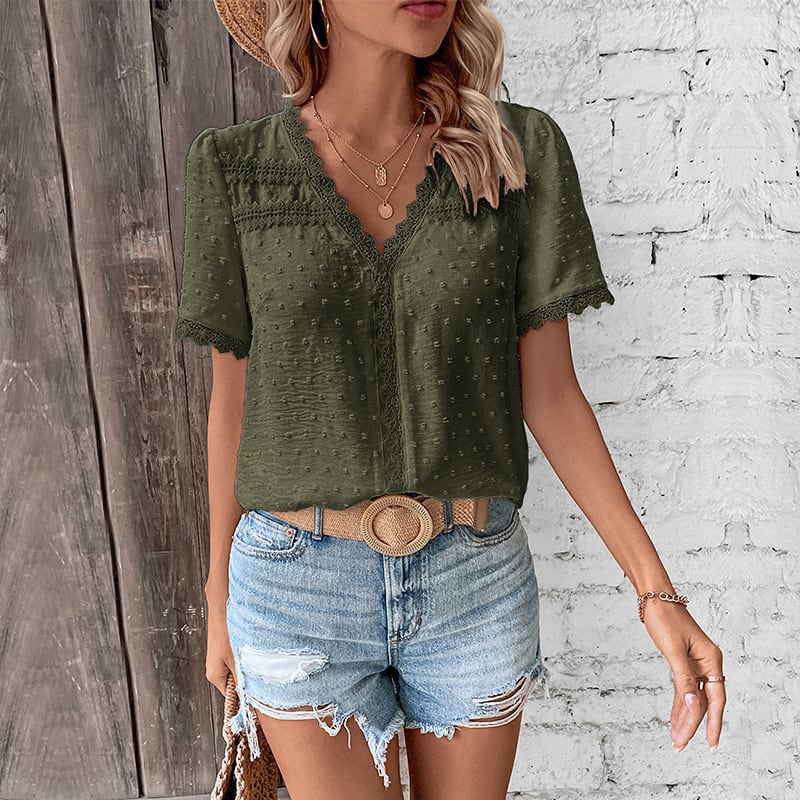 Lace V-neck T-shirt Summer Fashion Short-sleeved Blouse Shirt Women's Solid Color Clothing view 7