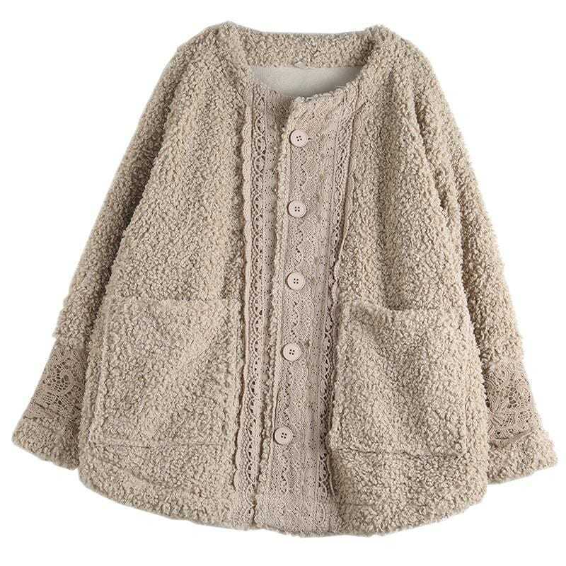 Artistic Retro Loose Long Sleeve Warm Coat Lambswool view 5