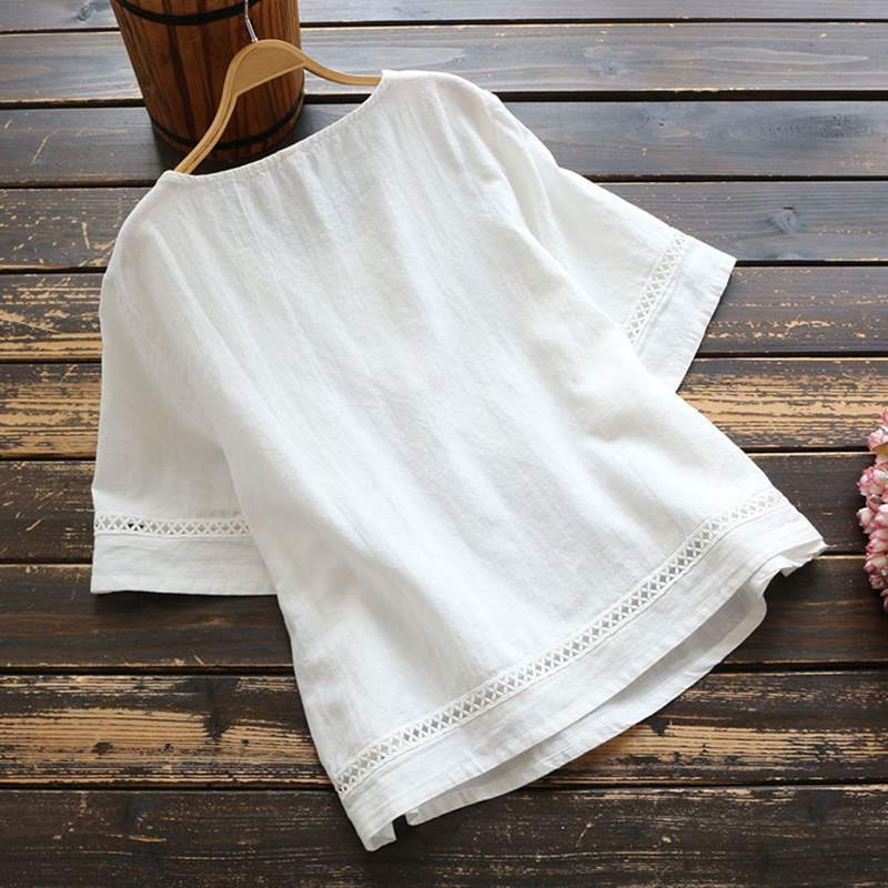 Summer Solid Color Cotton And Linen Top Half Sleeve view 2