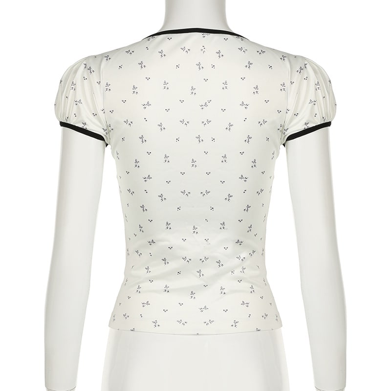 Floral Print Lace-up Hemming Puff Short Sleeve Knitted Top view 10