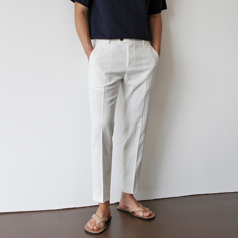 White For Men Cotton Fabric Cropped Linen Trousers view 6