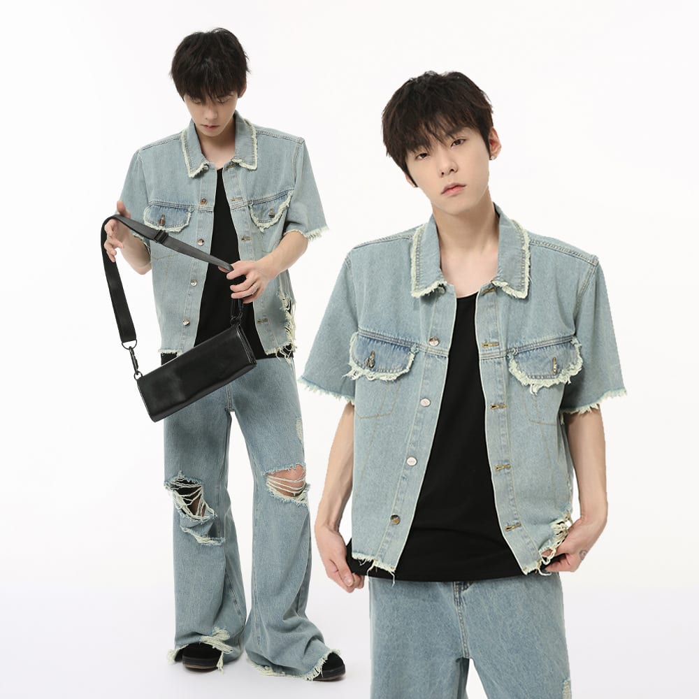 American Pu Shuai Burrs Tassels Broken Hole Design Denim Suit view 5
