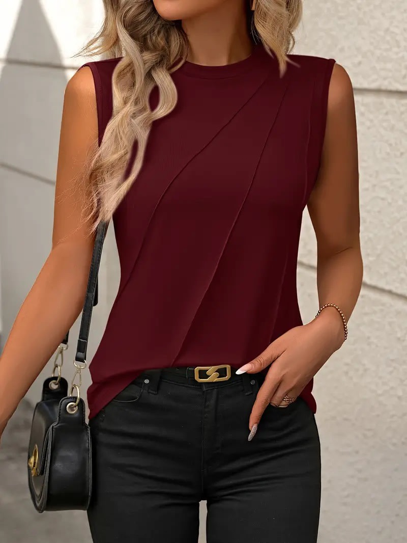 Summer Women's Solid Color Round Neck Sleeveless Loose T-shirt Shirt Vest view 4
