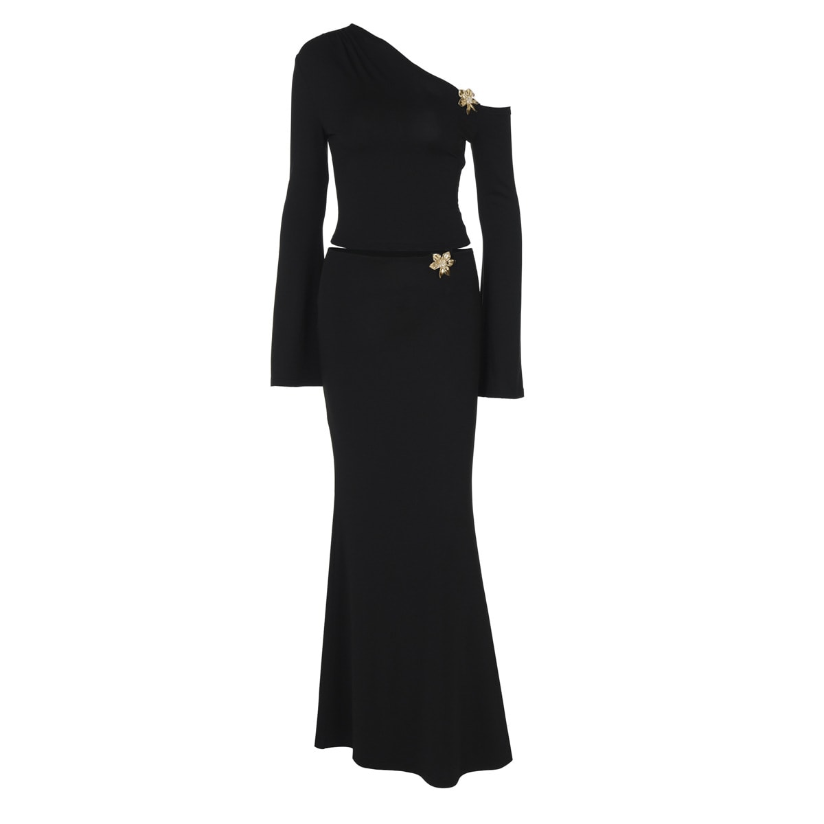 Sexy Slim Oblique Shoulder Skirt Suit With Flower Fashion Bell Sleeve Long Sleeve Top And High Waist Long Skirt Women Clothing view 2