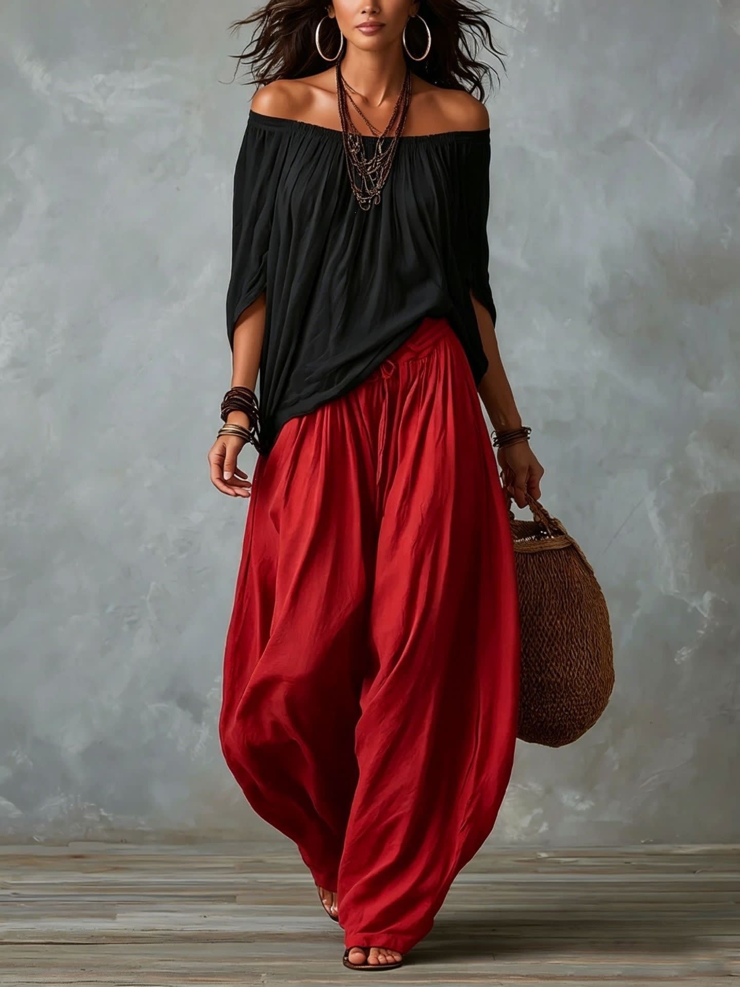 Women's Off-Shoulder Suit Long Sleeve Top And Flare Leg Pants Set - Loose Fit Casual Two Piece Outfit view 15