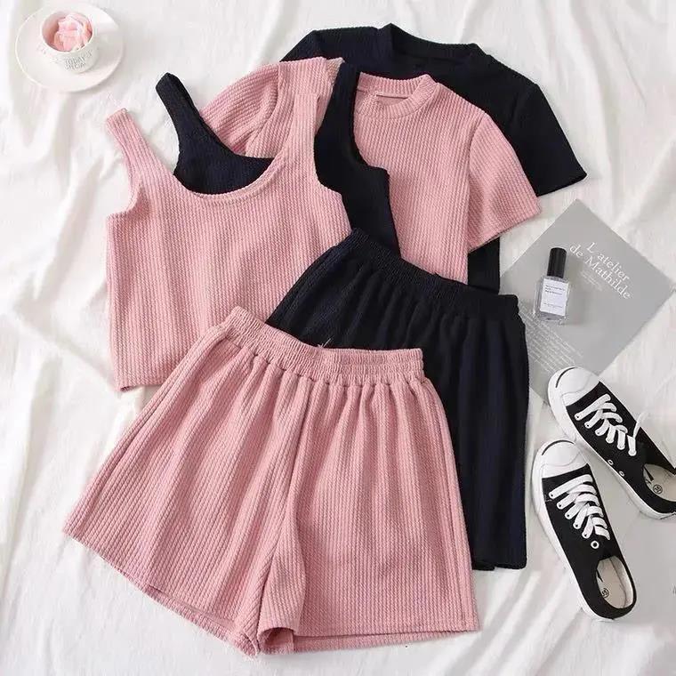 Women's Short-sleeved Student Three-piece Set Wide-leg Shorts view 2