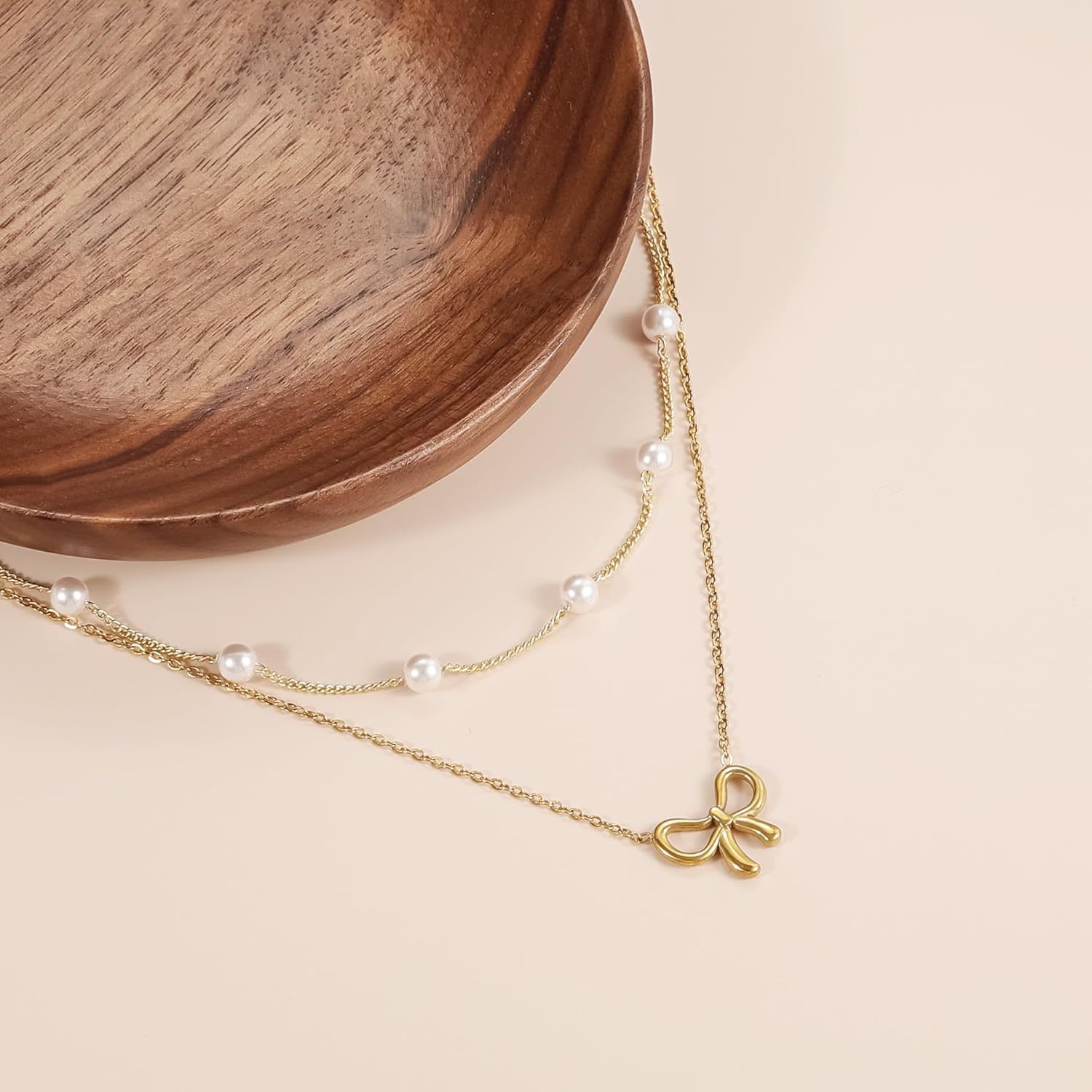 Simple Pearl Double Layer Choker Fashion Gold Color Necklaces Chain Small Bow Pendant Necklace Jewelry Gifts For Women Fashion Jewelry Valentine's Day Gifts view 2