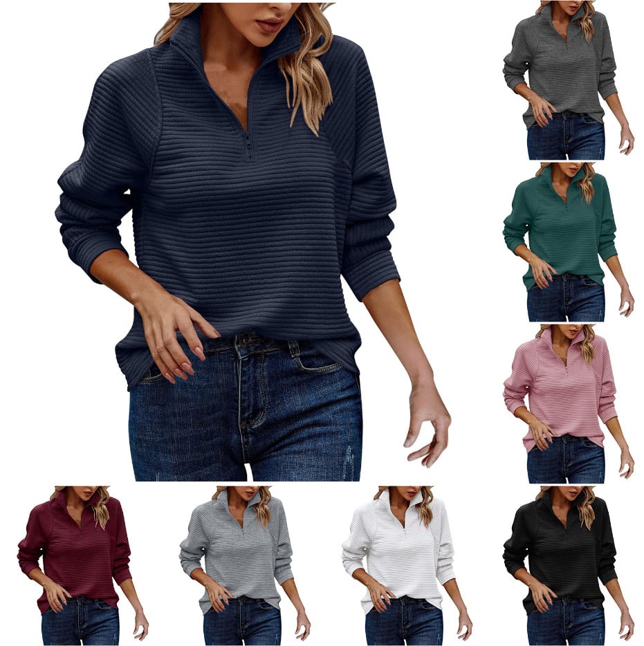 Zipper Stand Collar Pullover Sweatshirt Fashion Solid Striped Long Sleeve Top Spring And Autumn Women's Clothing view 5