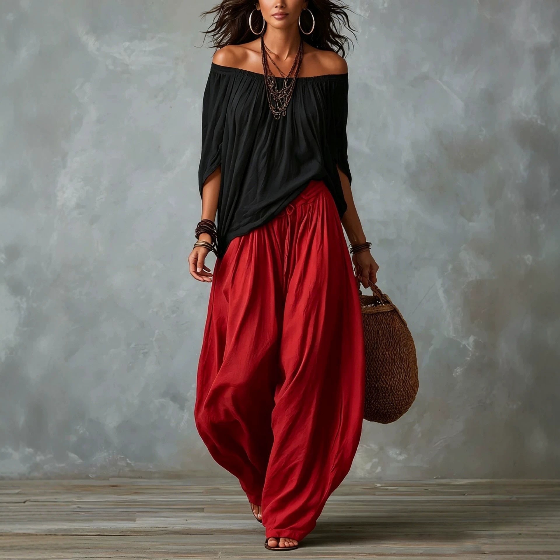Women's Off-Shoulder Suit Long Sleeve Top And Flare Leg Pants Set - Loose Fit Casual Two Piece Outfit view 7