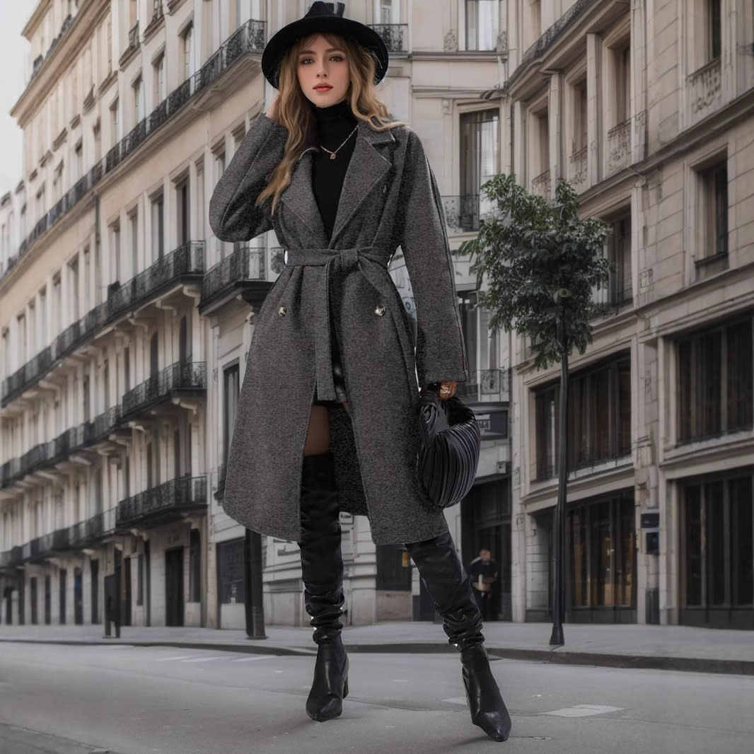 Women's Solid Color Polo Collar Lace Up Double Breasted Long Trench Coat view 2