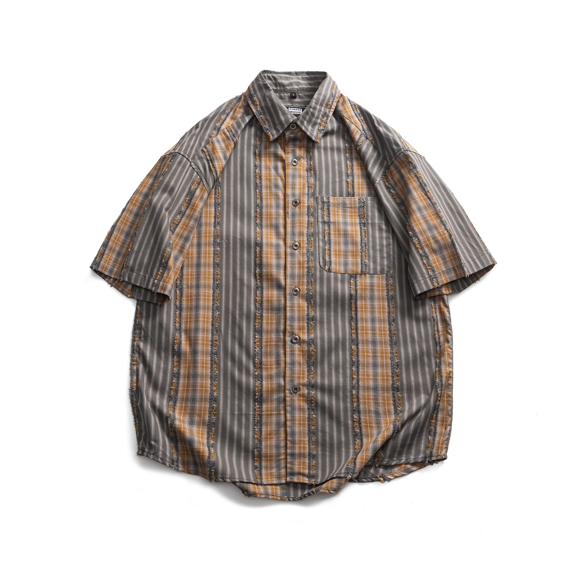 Striped Plaid Colorblock Frayed Short-sleeved Shirt view 2