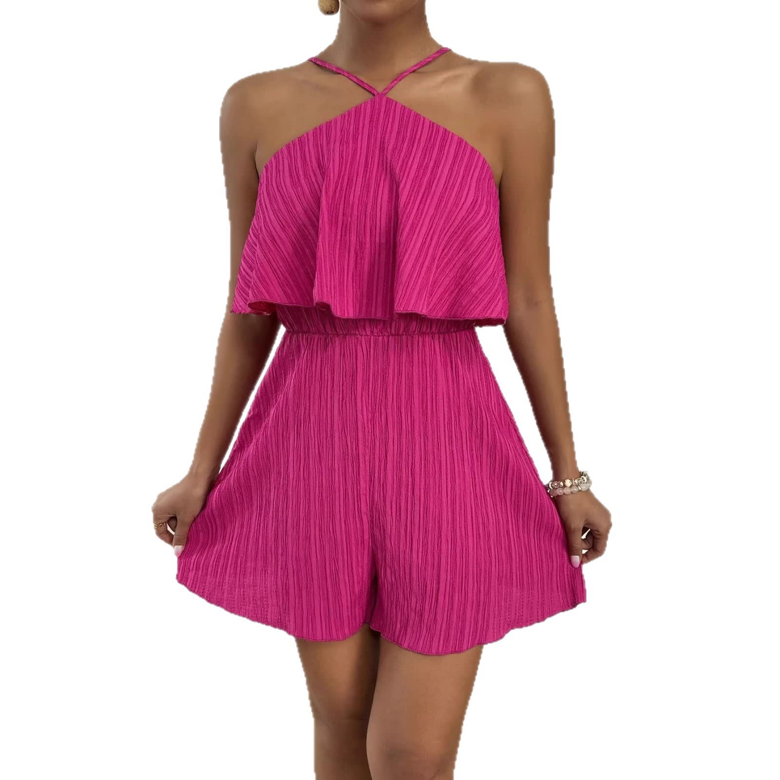 Crinkled Halter Neck Ruffled Jumpsuit Women's One Piece Summer Outfit With Flared Legs And Lightweight Breathable Design view 3