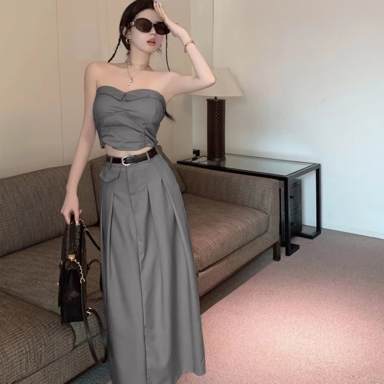 Women's Design Sense Slimming High Waist With Belt Long Skirt Tube Top Two-piece Set view 27