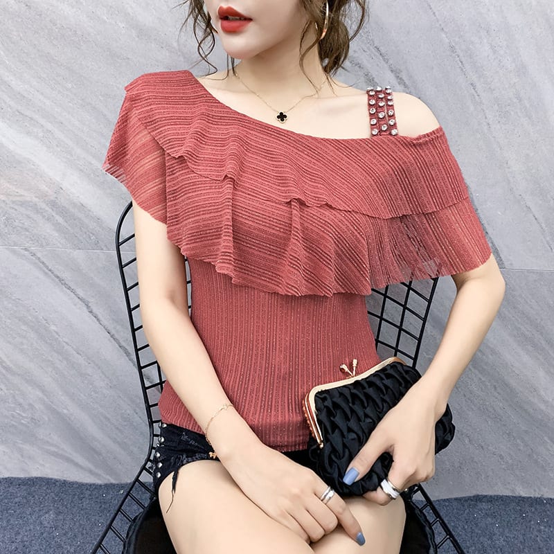 Ruffled Shoulder Leakage Ice Silk Top view 6