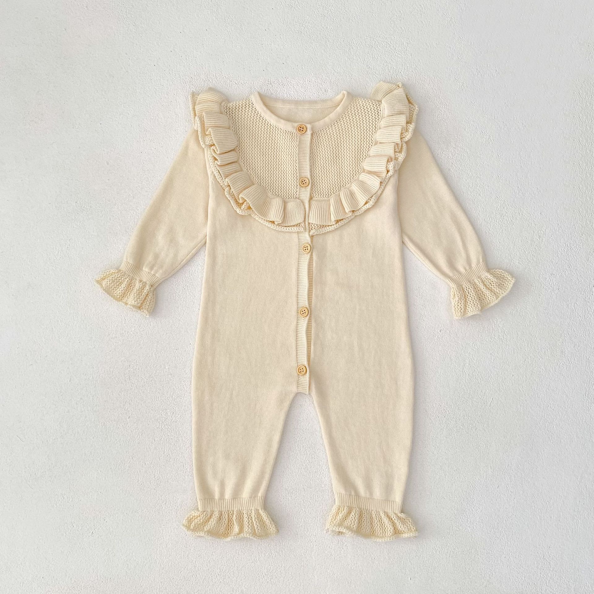 Baby Girl Round Neck Ruffled Stitching Long Climbing Fashionable Stylish Solid Color Jumpsuit view 3