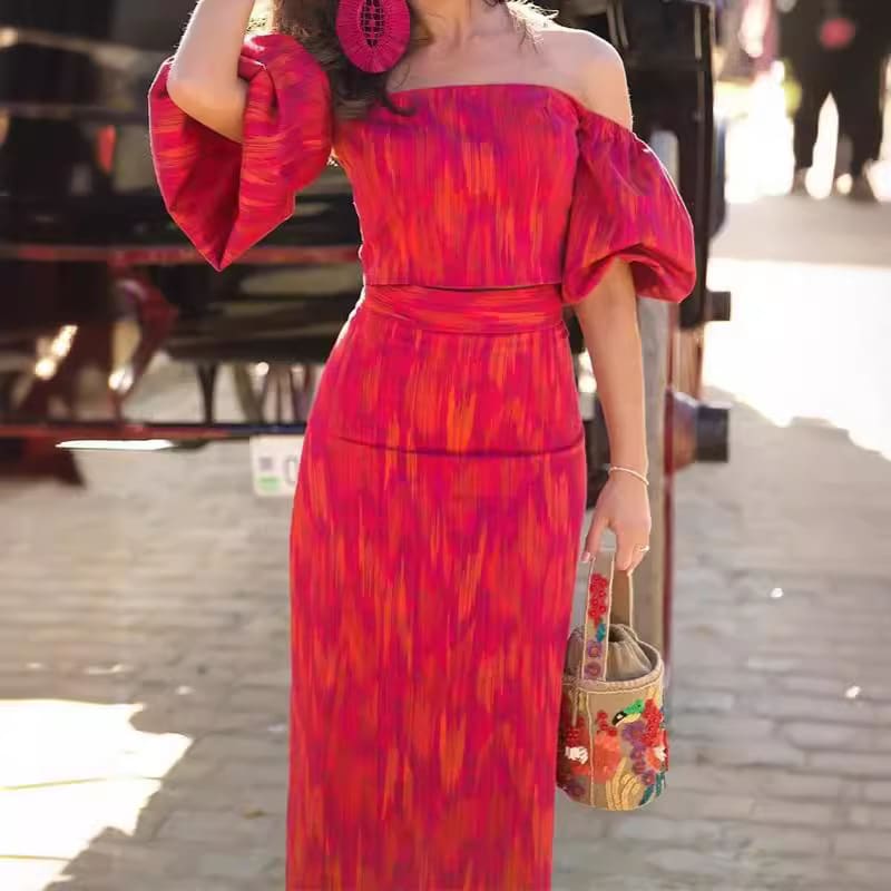Elegant Bandeau One-shoulder Puff Sleeve Top Mid-length Dress Set Lightly Mature view 13