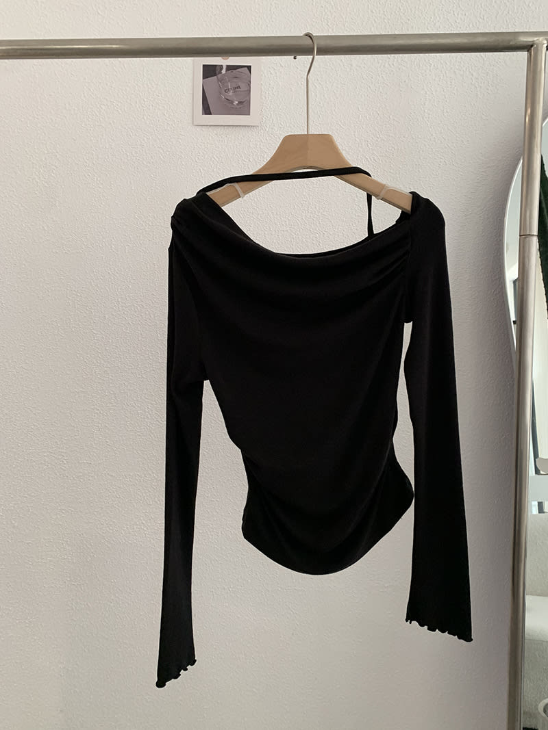 Shoulder Collar Solid Color Slim Fit Slimming Long Sleeves Inner Bottoming T-shirt view 4