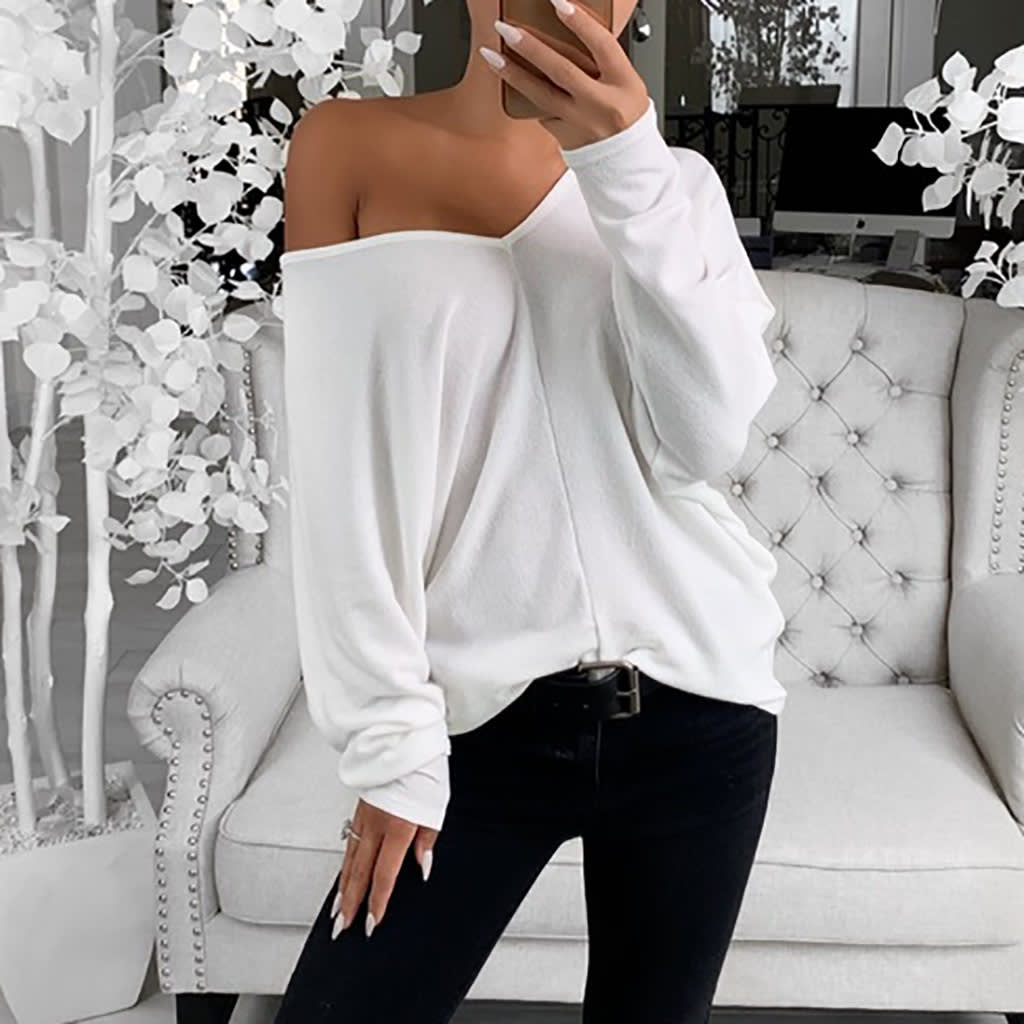 V-neck Lapsed Sleeves Loose Long-sleeved Top T-shirt For Women view 12