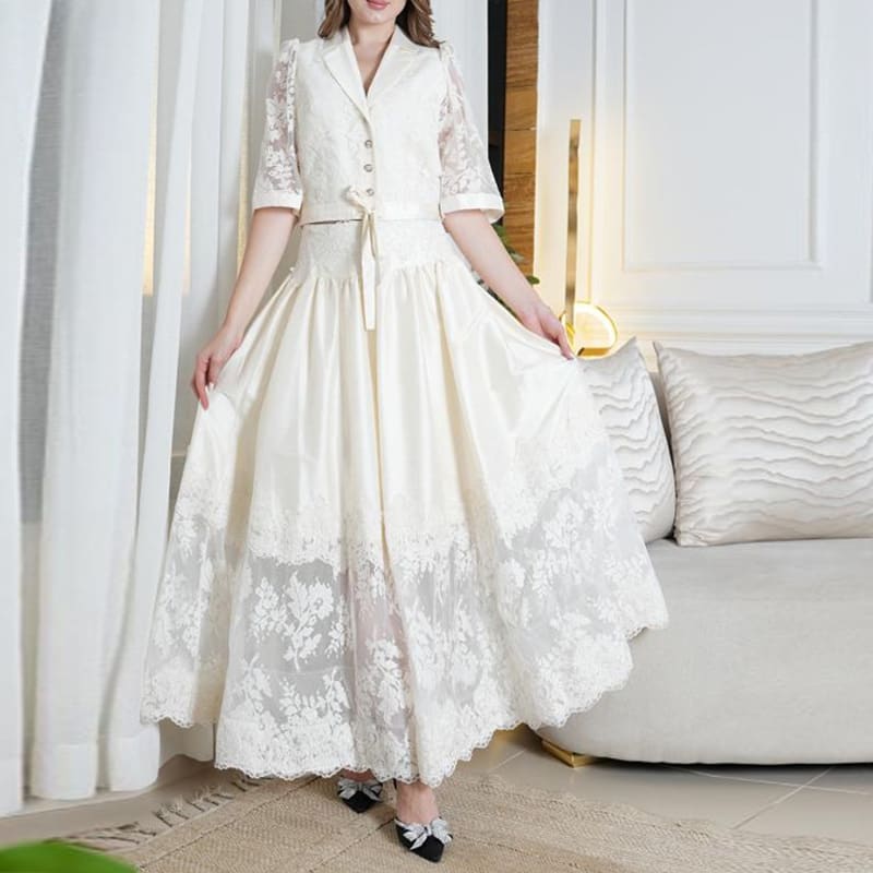 Lapel Embroidery Top High Waist Water Soluble Flower Mid-length Dress Set Female Fashion view 7