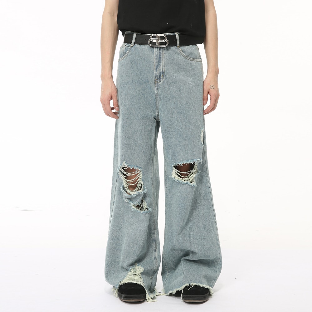 American Pu Shuai Burrs Tassels Broken Hole Design Denim Suit