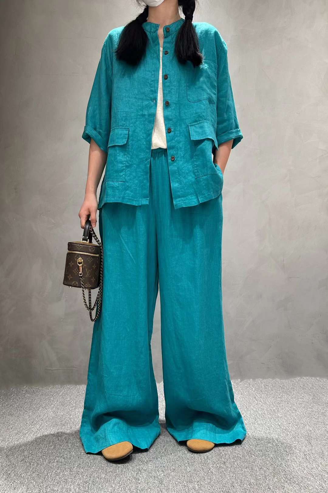 Solid Color Linen Suit Half Sleeve Shirt Casual Pants view 10