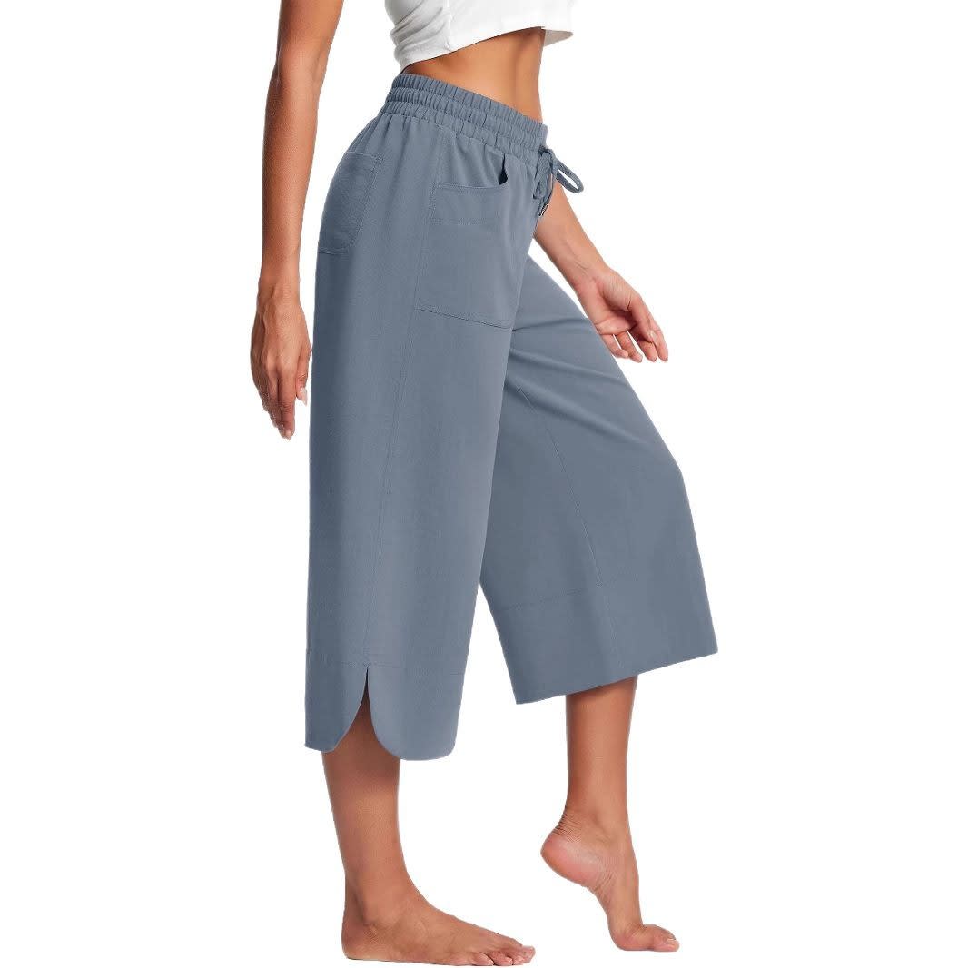Summer Elastic Waist Solid Color Wide Leg Loose Casual Cropped Pants For Women view 3