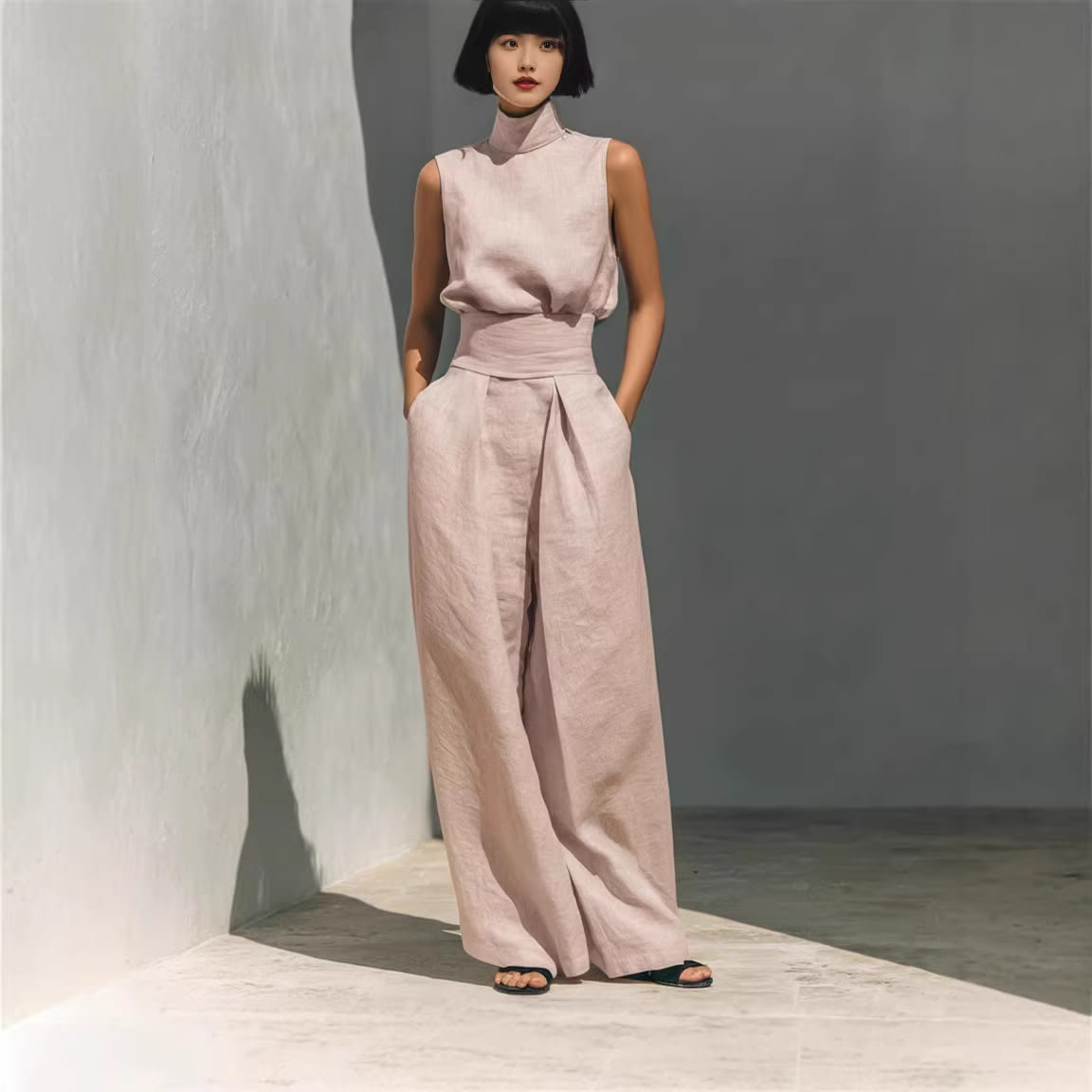Casual Sleeveless Suit Summer Stand-up Collar Pullover Top And Loose Straight-leg Trousers Women's Clothing view 1