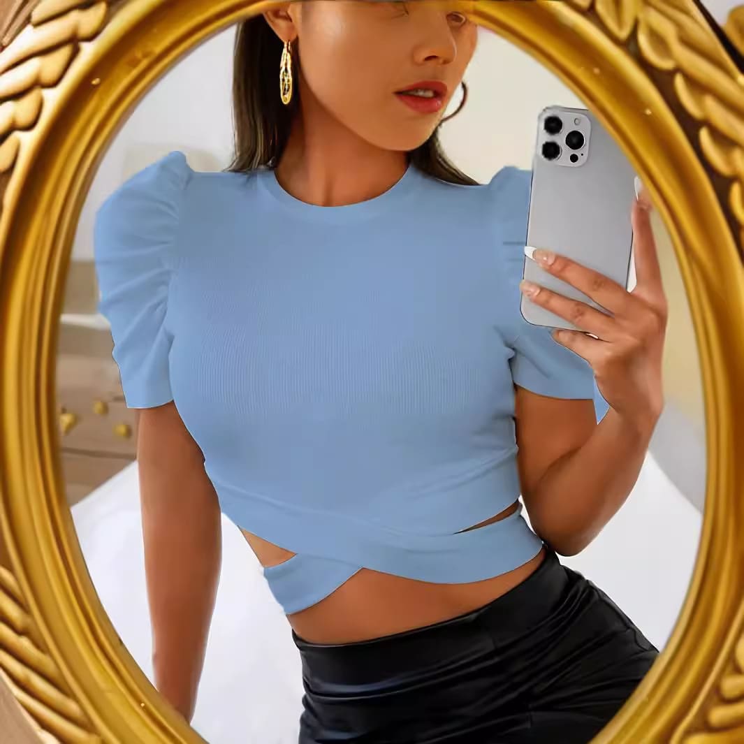 Solid Color Rib Fabric Slim Elastic Thread Round Neck Puff Short Sleeve view 5