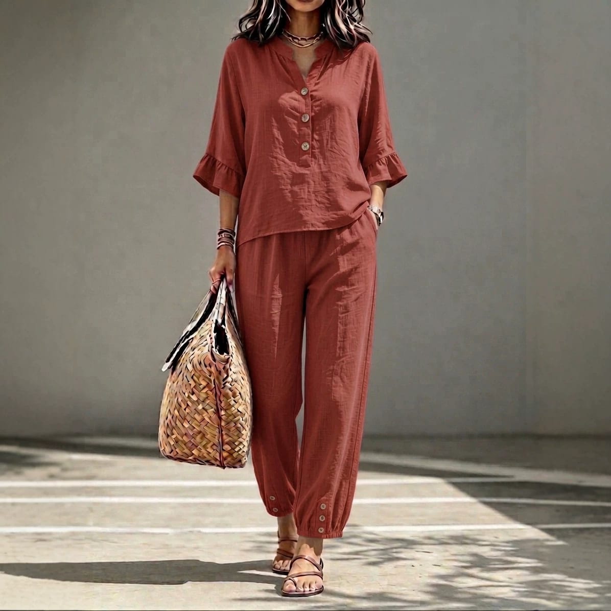 2pcs Set Women's Casual V-neck Collar Button Top Three-quarter-sleeve Top And Cropped Wide Leg Trousers Set Retro Female Office Suit view 10