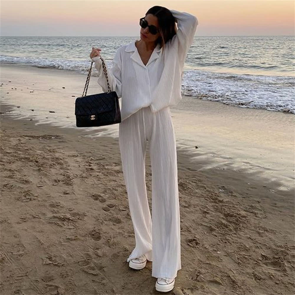 Pleated Design Shirt Outfit Straight-leg Trousers Loose Drooping Two-piece Set view 18
