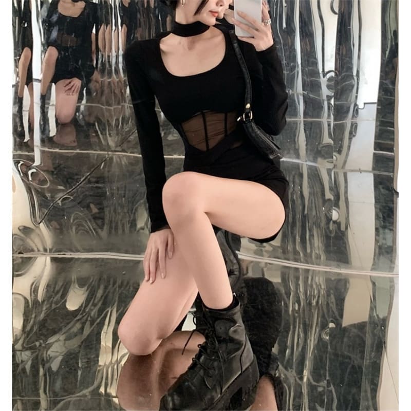 Mesh Slim Fit Sexy Hot Girl Fishbone Bottoming Shirt One-piece Scarf Detachable view 3