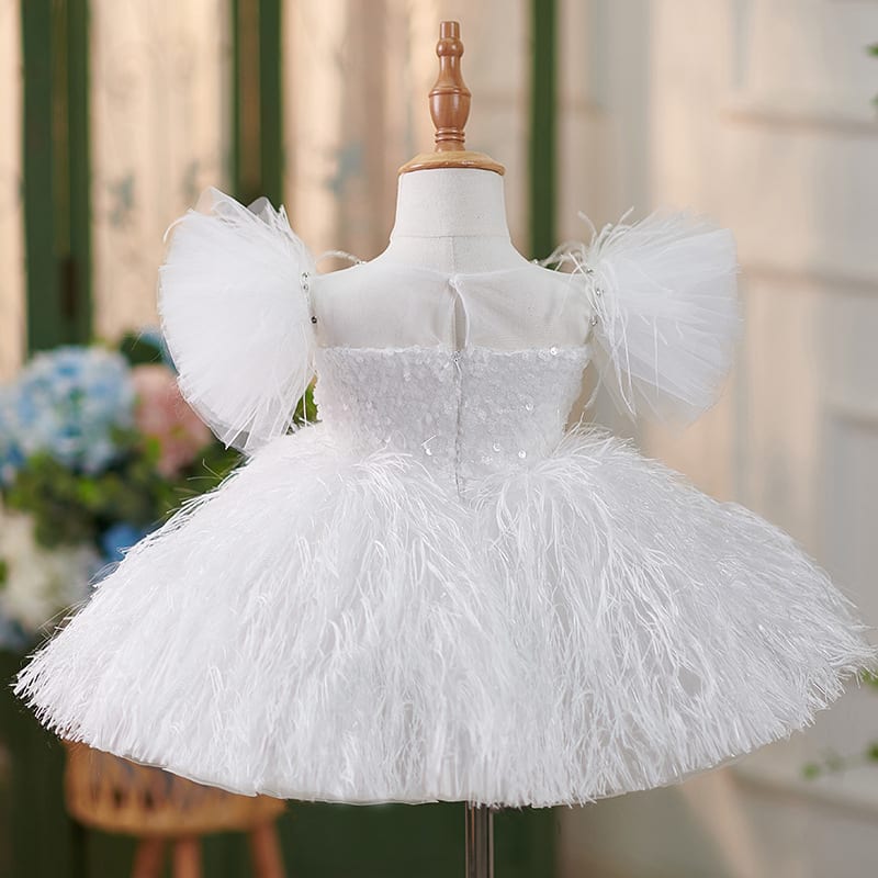 Girls Sequins White Flying Sleeves Feather Dress view 7