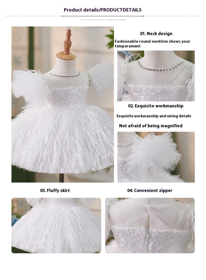 Girls Sequins White Flying Sleeves Feather Dress view 13