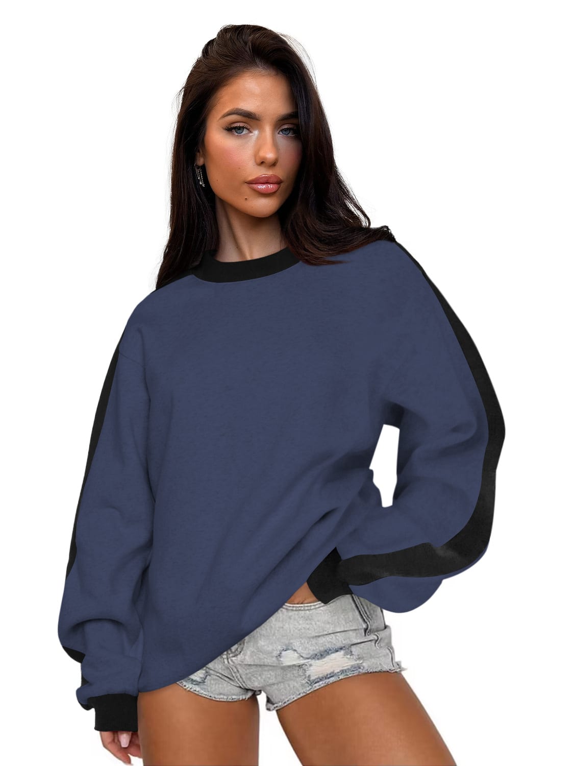 Women's Contrast Color Round Neck Loose Sweater Long-sleeved Top view 8