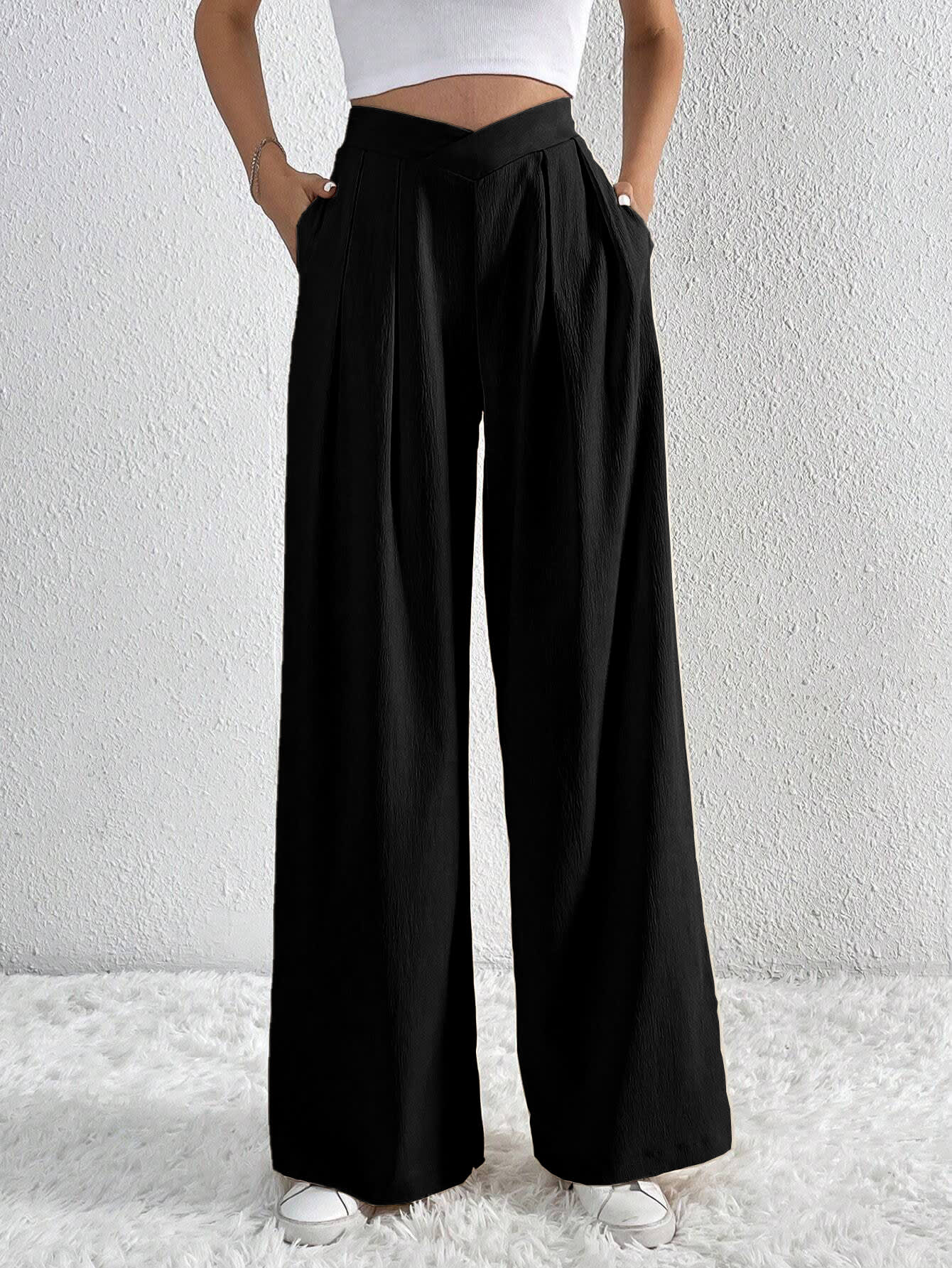 Summer New Solid Color Pleated Casual Wide-leg Pants Loose Casual Women's Commuting Versatile Style Comfortable TrousersS view 3