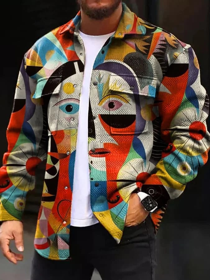 Printing Lapel Men's Jacket Single-breasted Plaid Top view 3