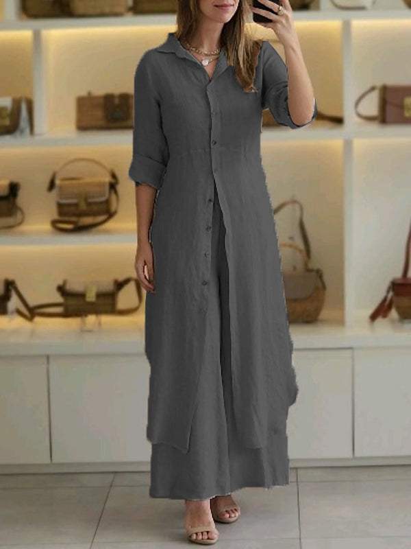 Urban Elegant Cotton And Linen Slim-fit Waist-tight Long Shirt Wide-leg Pants Suit view 5