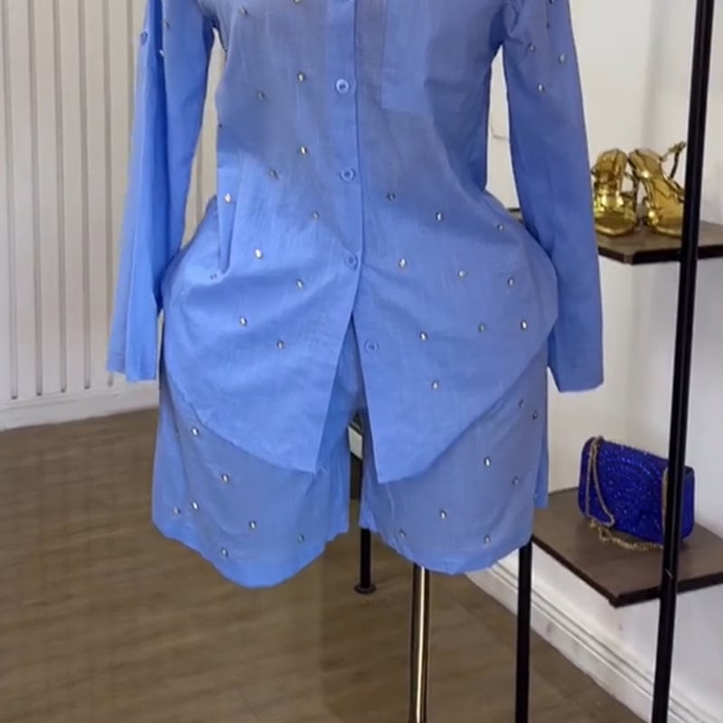 Lapel Beaded Slim-fit Long-sleeved Shirt Shorts Suit view 1