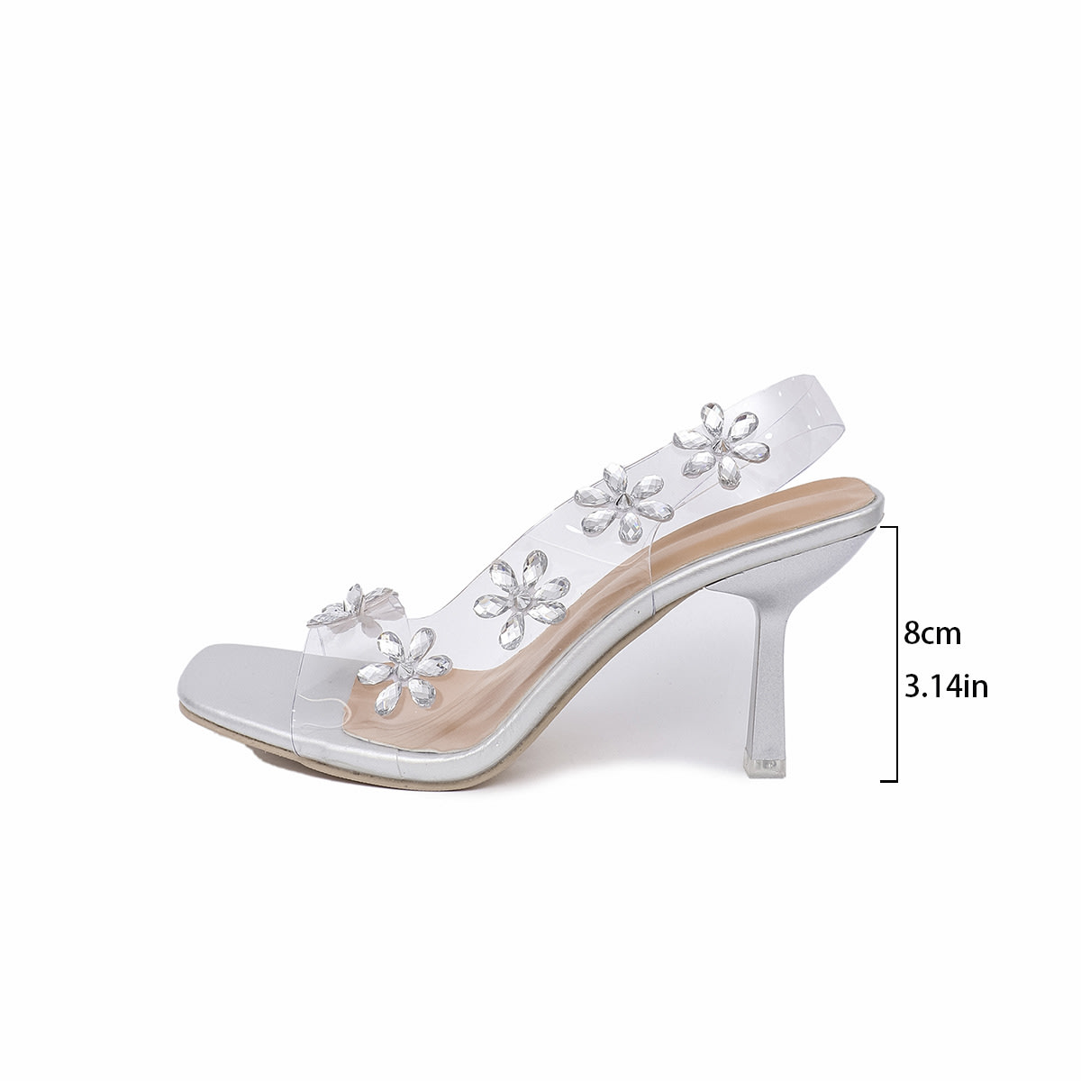 New Sandals For Women Summer Transparent PVC Rhinestone Flowers Slingback Pumps Elegant Square Toe Female Sexy High Heels view 5
