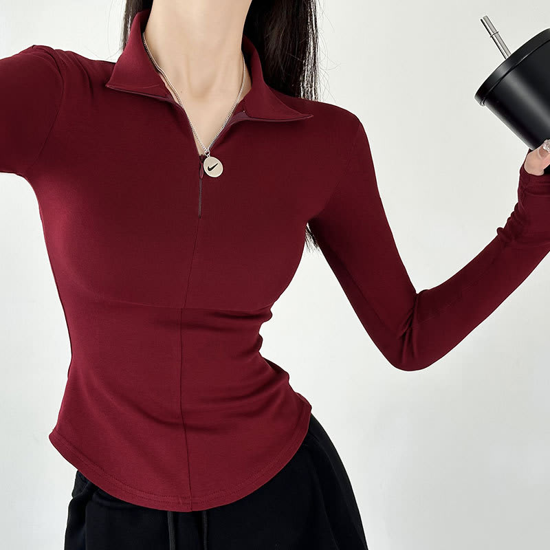 Slim Fit Show Thin Black Hot Girl Polo Collar Top view 5