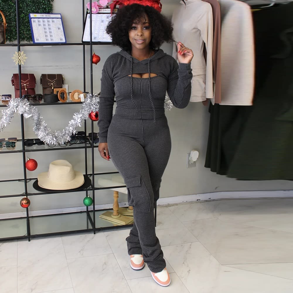 Long-sleeved Hooded Sling Slim Fit Bodysuit Two-piece Set view 3