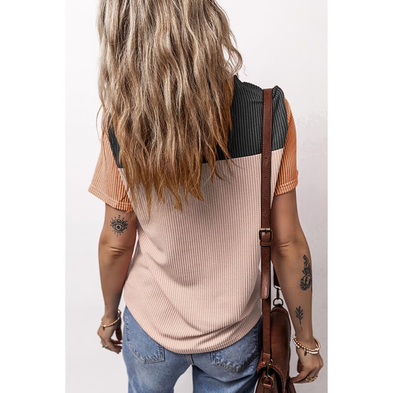 Color Matching Rib Short-sleeved T-shirt Round Neck Three-quarter Sleeve Top view 2