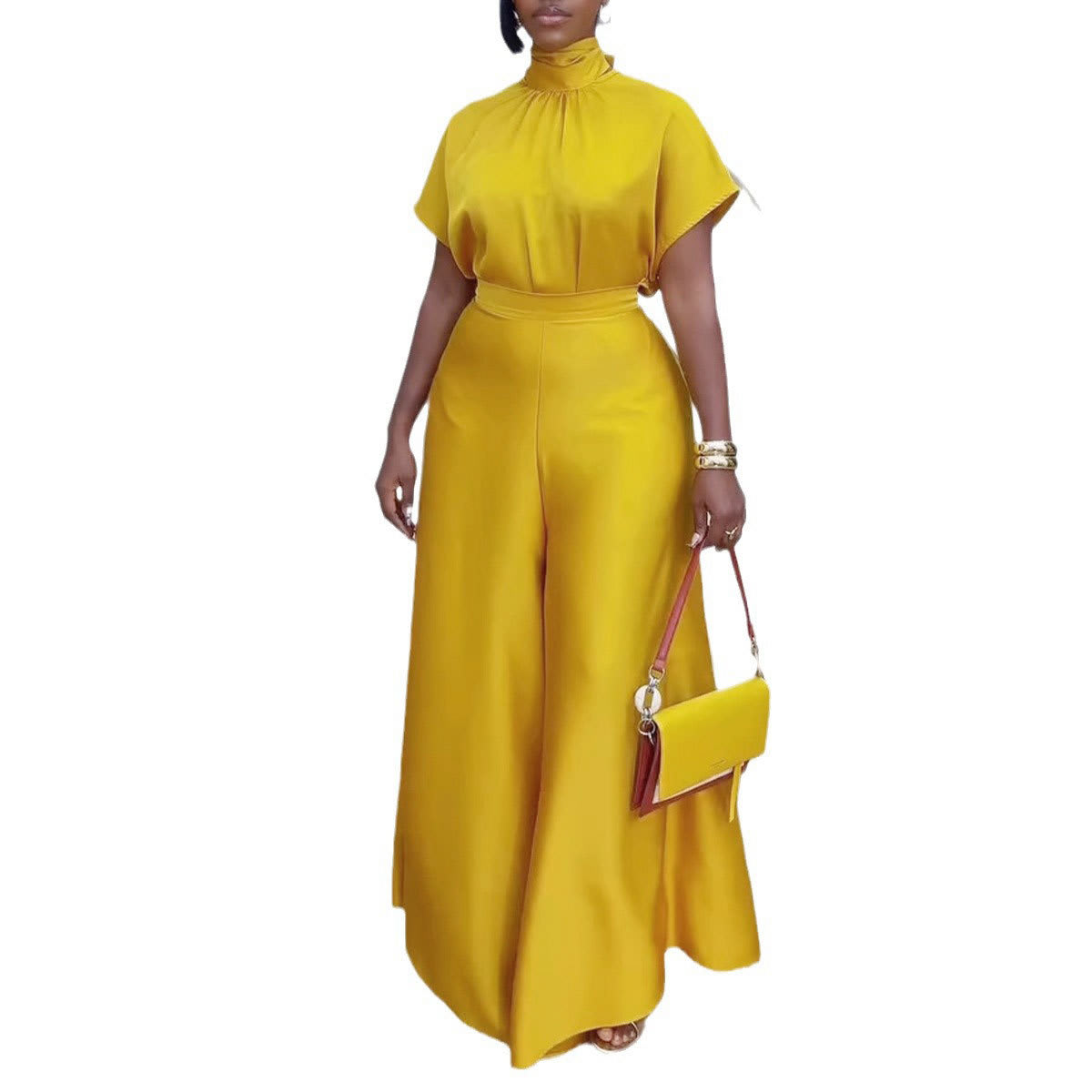 Satin Silky Strap Flounced Sleeve Wide Leg Two-piece Set view 2