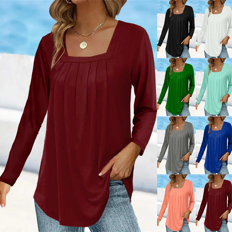 Women's Pleated Square Collar Long Sleeve Imitation Cotton Large Size T-shirt view 11