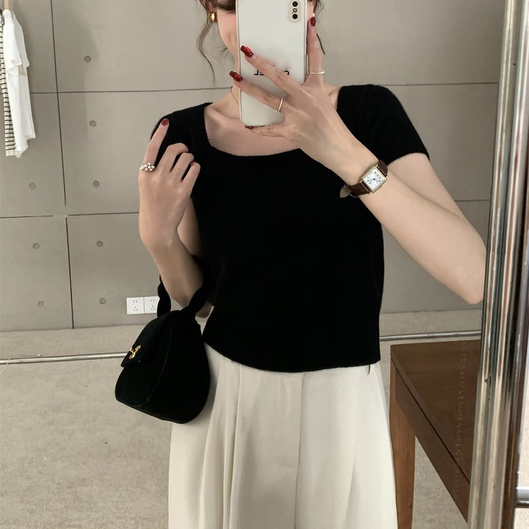 Solid Color Fashion Temperament Square Collar Pullover Short Sleeve Sweater view 7