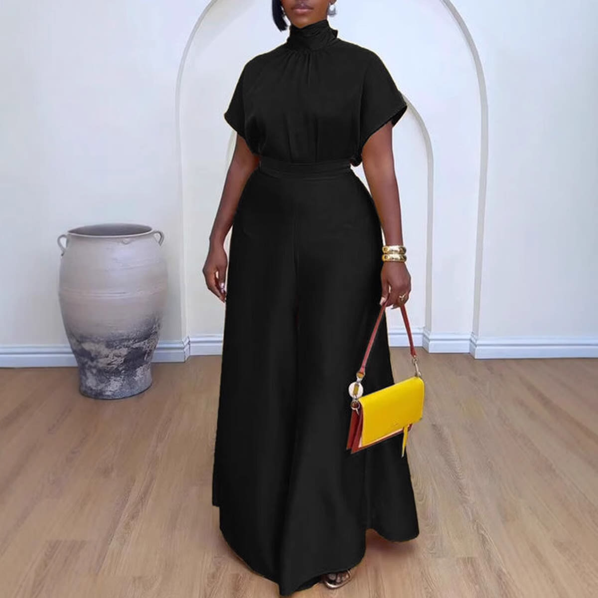 Satin Silky Strap Flounced Sleeve Wide Leg Two-piece Set view 6